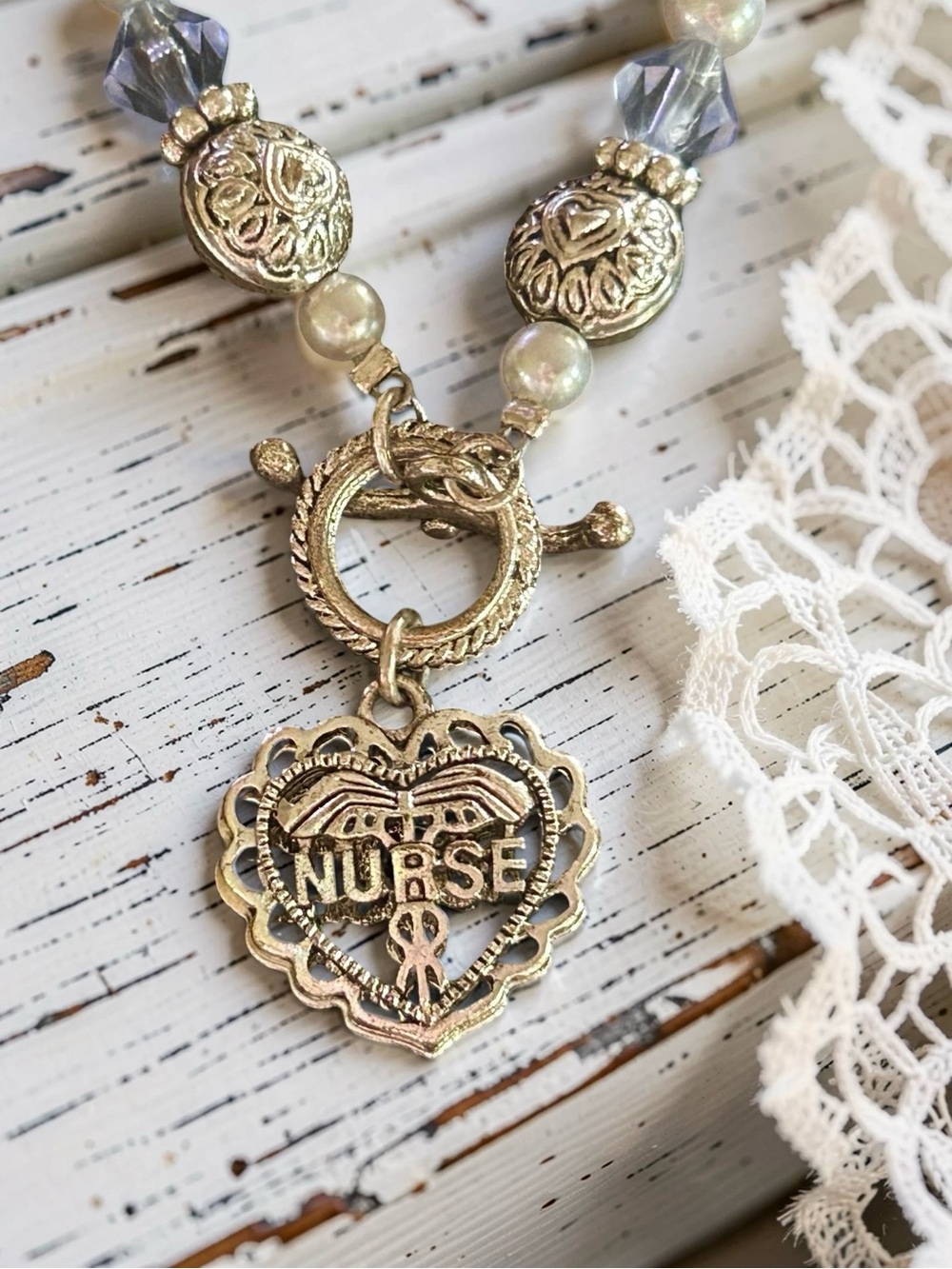 Nurse Expressively Yours Silver Tone Bracelet Toggle Dangle Heart Charm 9"